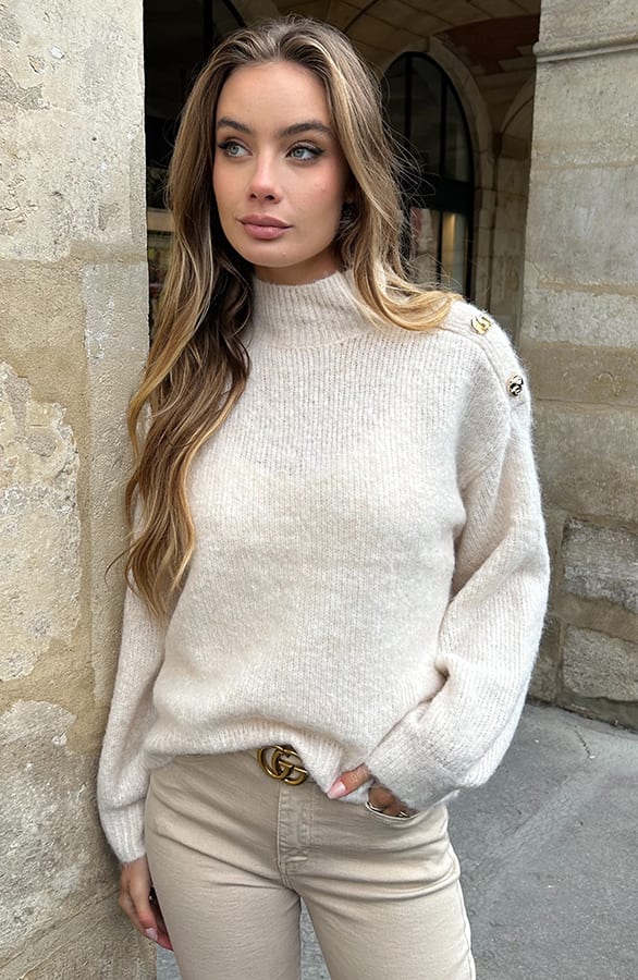 Wool Knit Sweater Met Knopen Beige