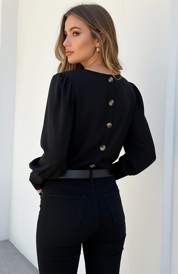 Button Down Blouse Met Pofmouw Zwart – kleding — foto 3