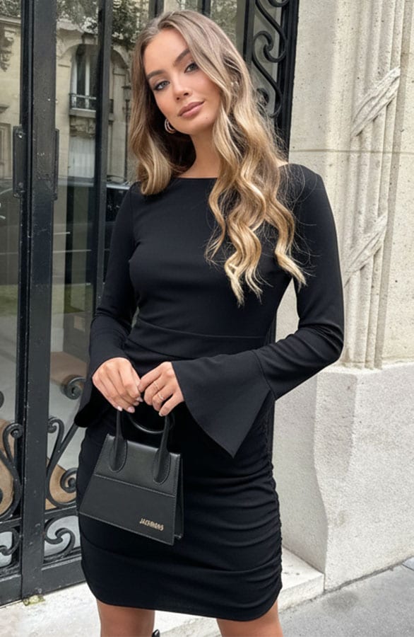 Flared Mouwen Scuba Jurk Cathy Zwart