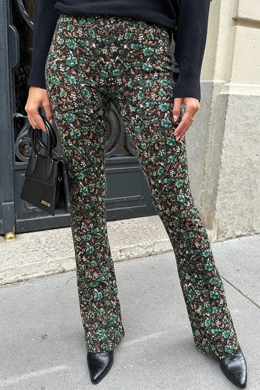 Janine Flared Broek Flower Smaragd – flared broeken