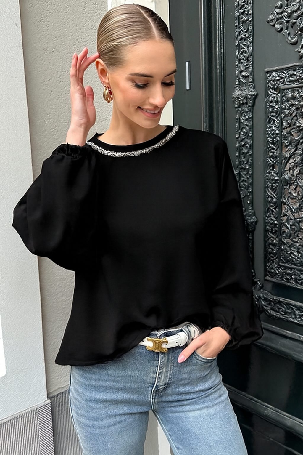 Sparkle Detail Loose Fit Sweater Zwart – truien — foto 2