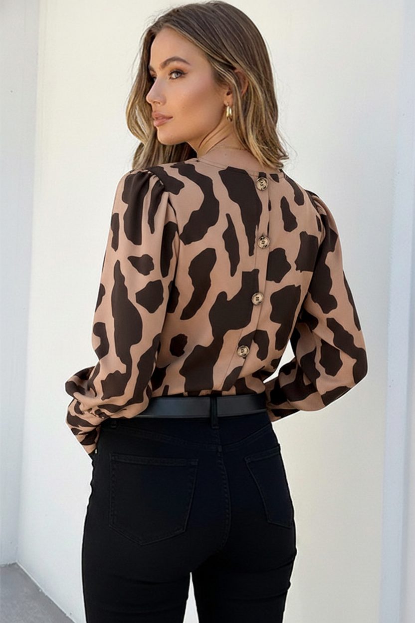 Elegante Pofmouwen Blouse Camel Zwart – kleding — foto 3