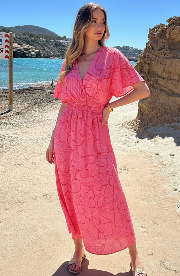 V-Hals Maxi Print Jurk Anouk Fuchsia Rood – alle jurkjes — foto 4