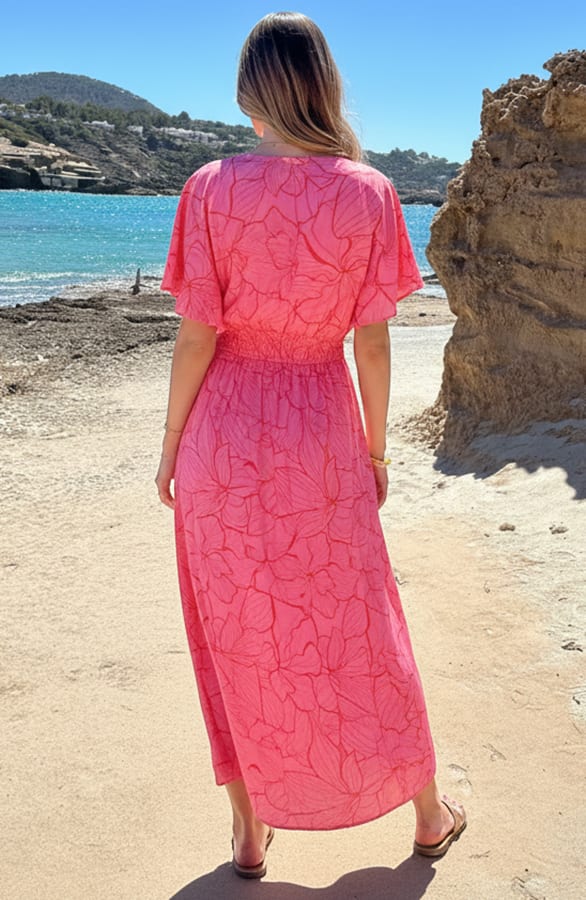 V-Hals Maxi Print Jurk Anouk Fuchsia Rood – alle jurkjes — foto 3