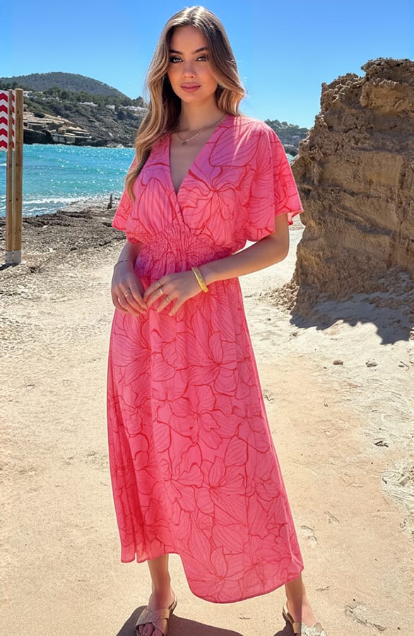 V-Hals Maxi Print Jurk Anouk Fuchsia Rood – alle jurkjes — foto 2