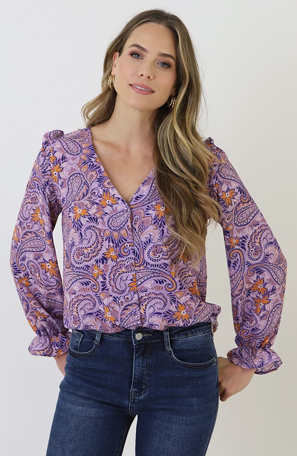 Button V-neck Paisley Blouse Lila – kleding — foto 10
