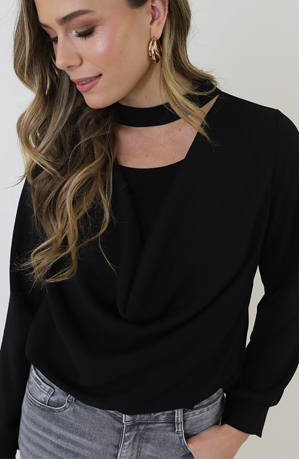 Draped Waterfall Blouse Zwart – shirts & tops — foto 6