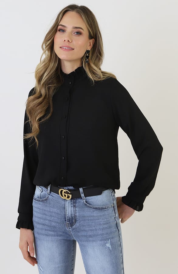 Elegant Ruffle Neck Blouse Zwart – kleding — foto 9