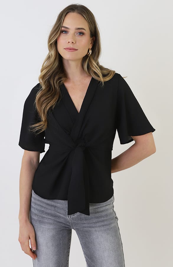 Knotted Butterfly Sleeve Top Zwart – shirts & tops — foto 12