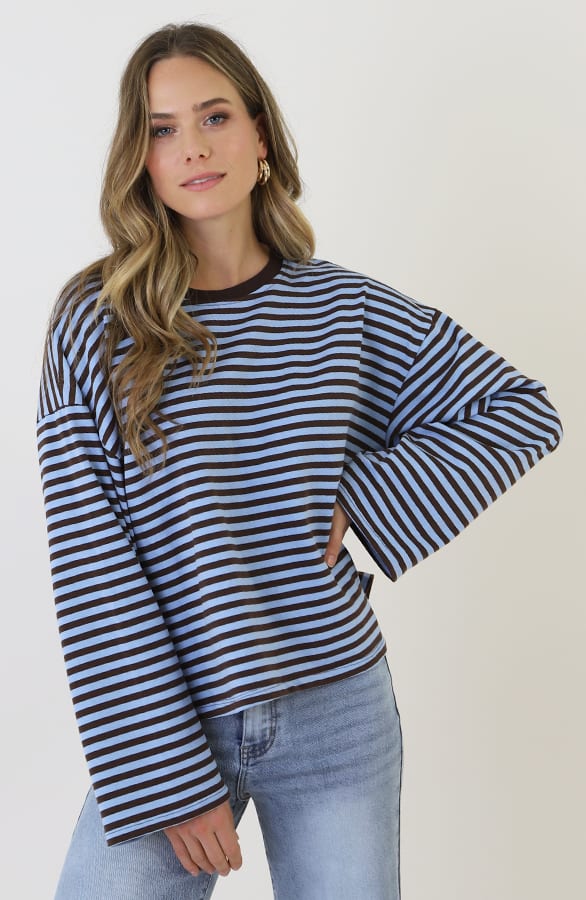 Oversized Gestreepte Katoenen Top Choco Baby Blue