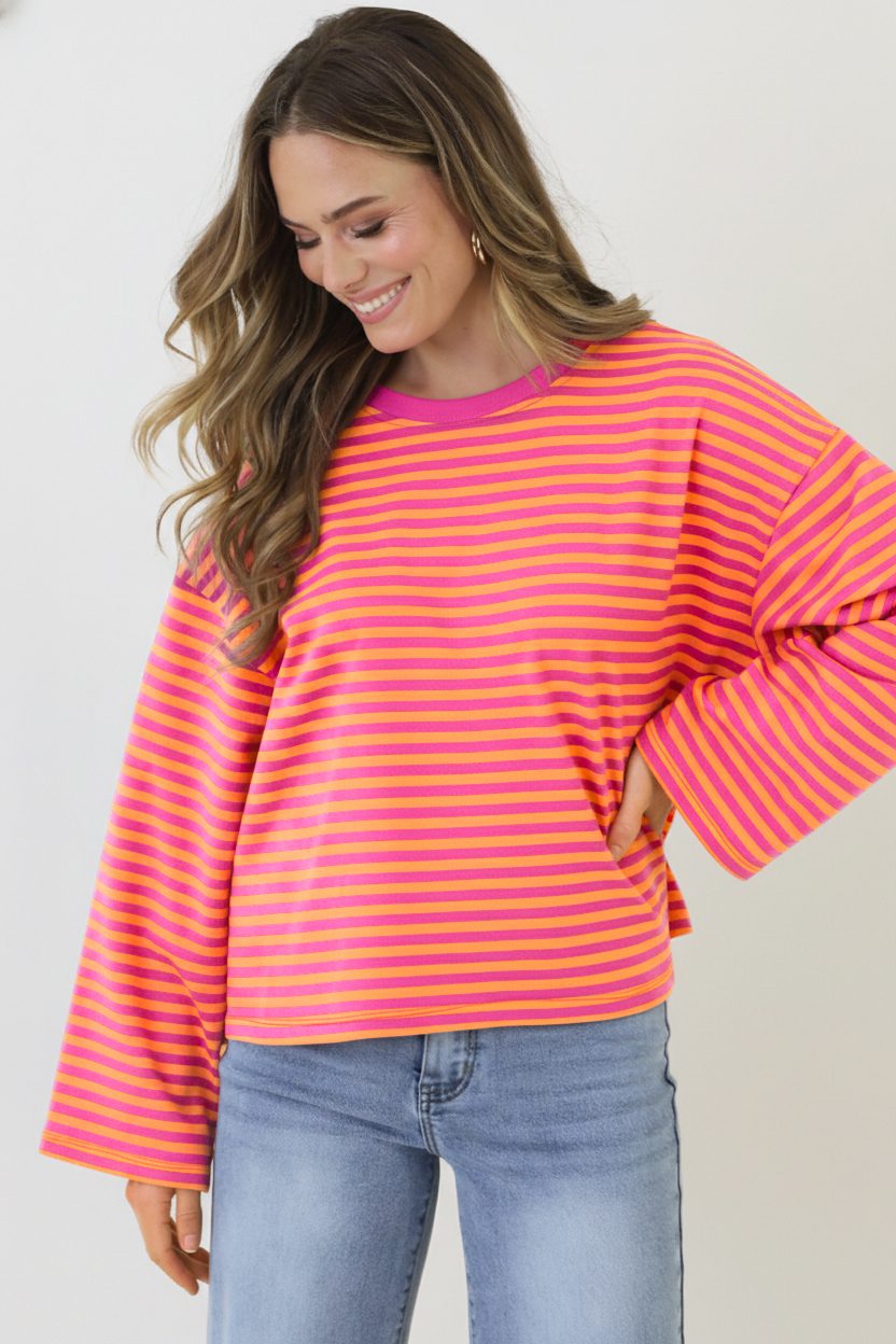 Oversized Gestreepte Katoenen Top Fuchsia Orange – shirts & tops — foto 6