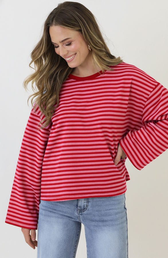 Oversized Gestreepte Katoenen Top Fuchsia Roze – shirts & tops — foto 5