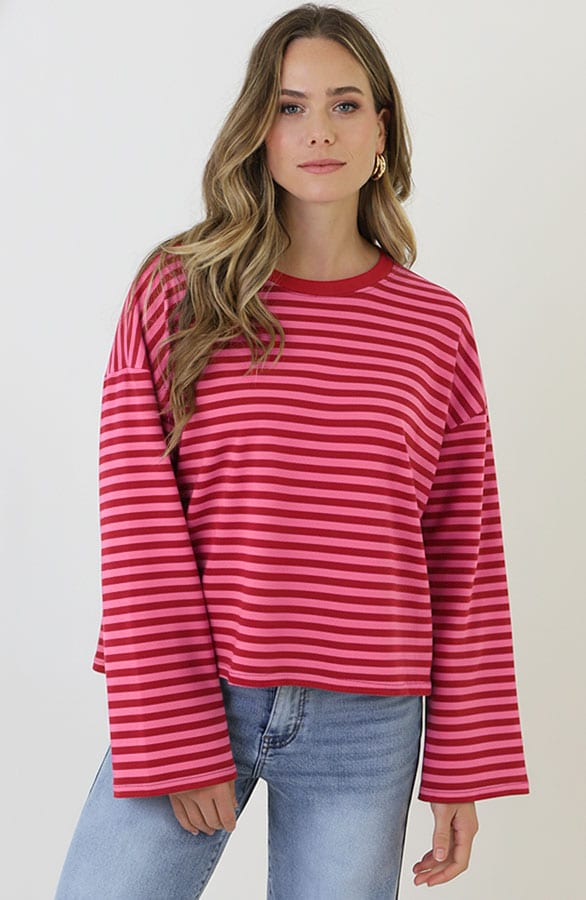 Oversized Gestreepte Katoenen Top Fuchsia Roze