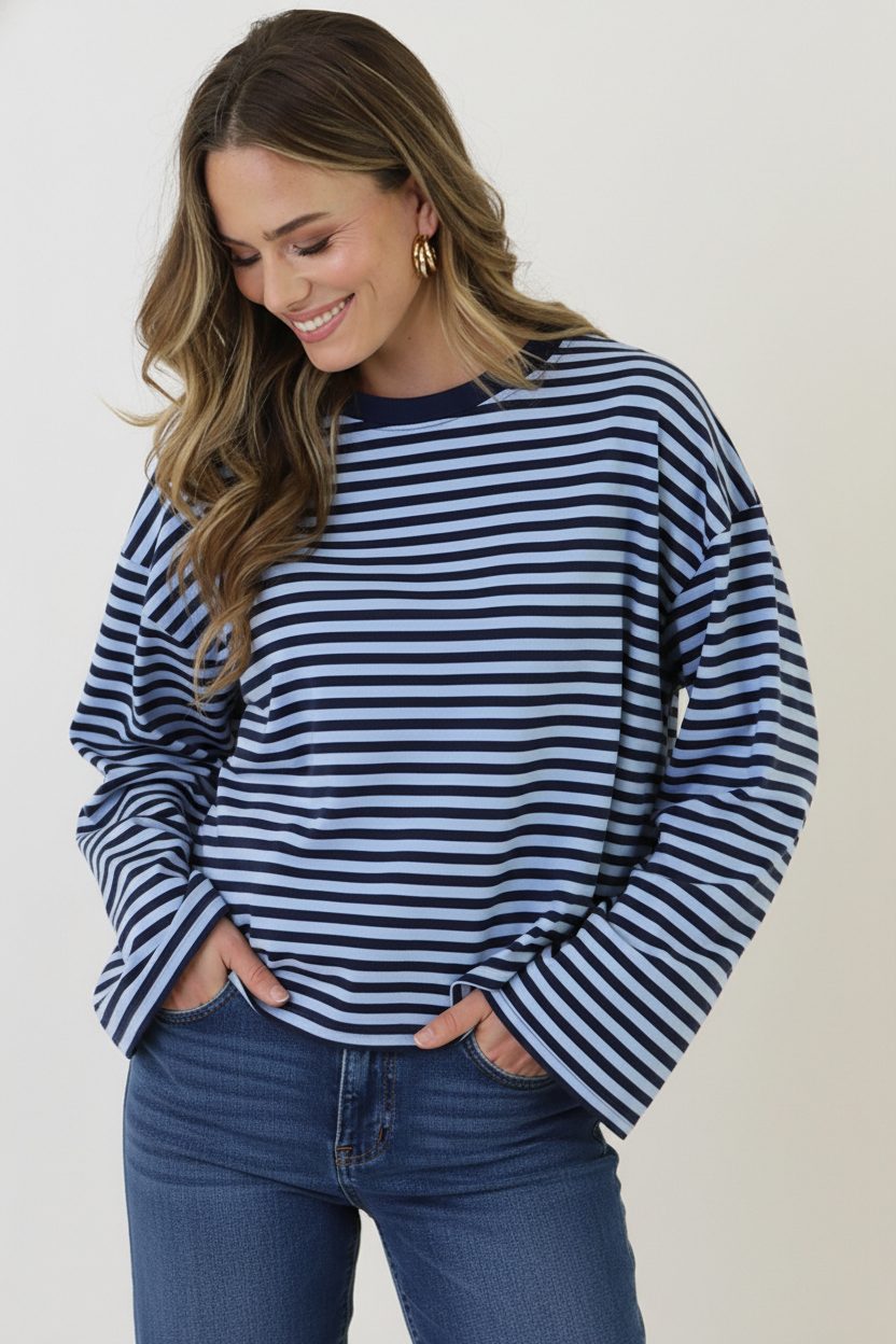 Oversized Gestreepte Katoenen Top Navy Baby Blue – shirts & tops — foto 5