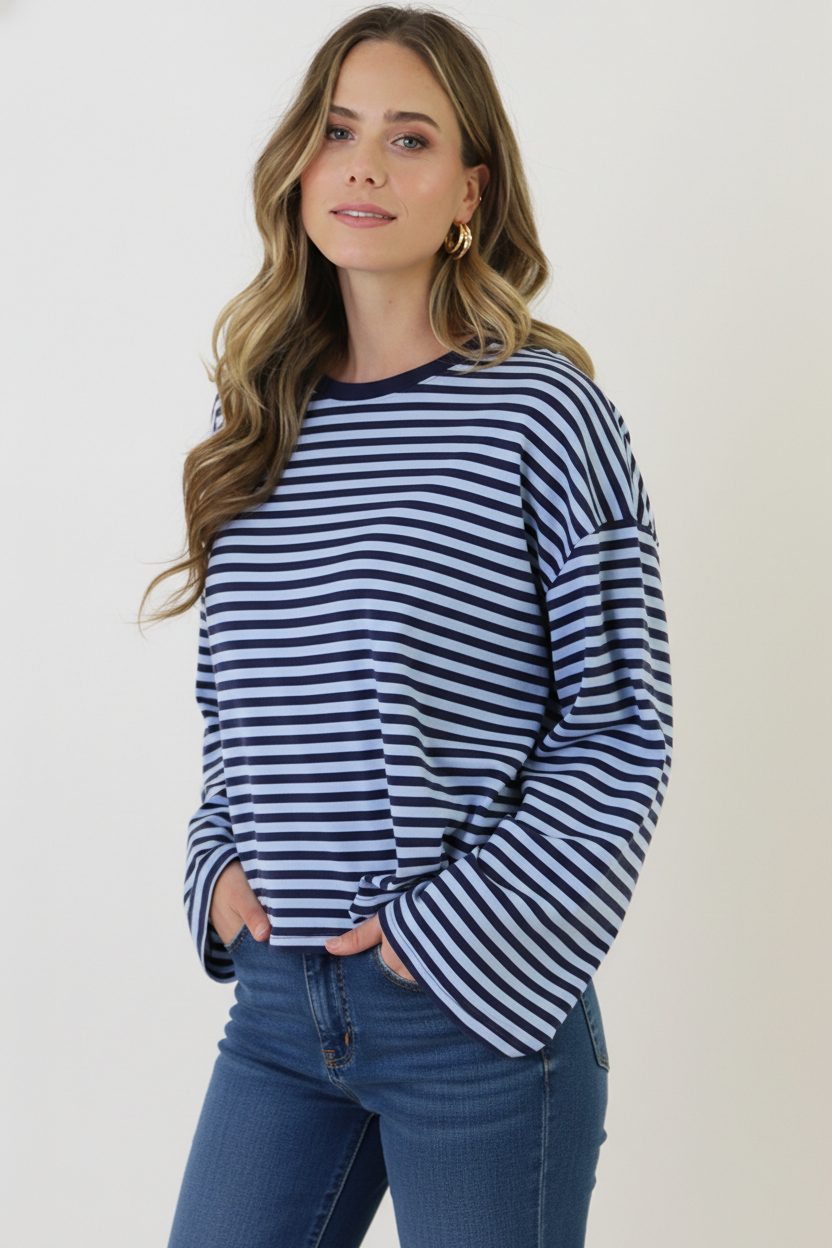 Oversized Gestreepte Katoenen Top Navy Baby Blue