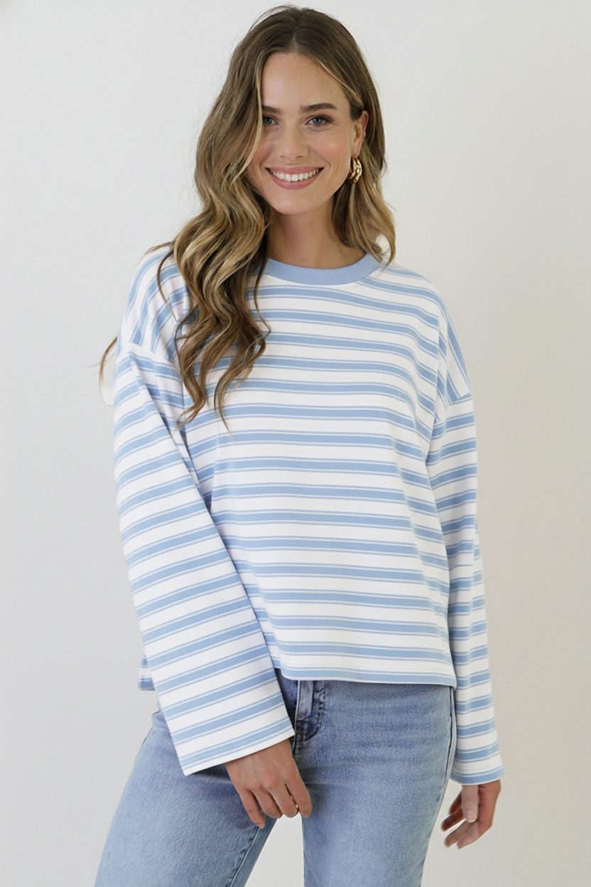 Oversized Gestreepte Viscose Top Baby Blue