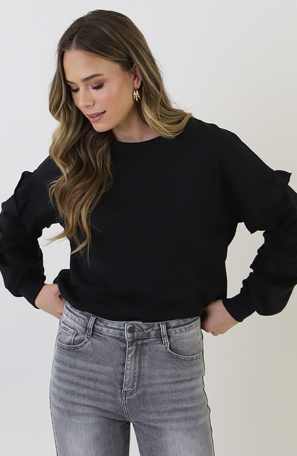 Ruffle Puff Sleeve Sweater Zwart – truien — foto 5