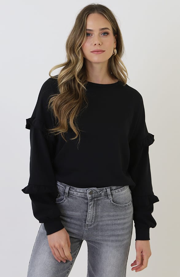 Ruffle Puff Sleeve Sweater Zwart – truien — foto 6