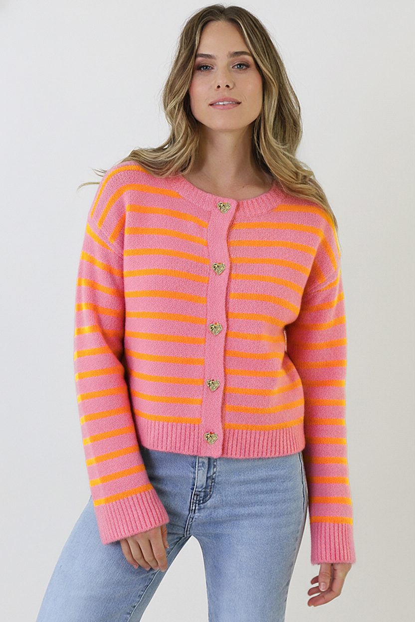 Striped Button Cardigan Pink Orange
