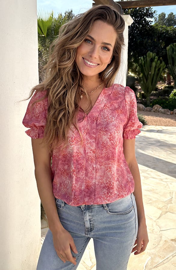 Abstract Print Puff Sleeve Top Pink