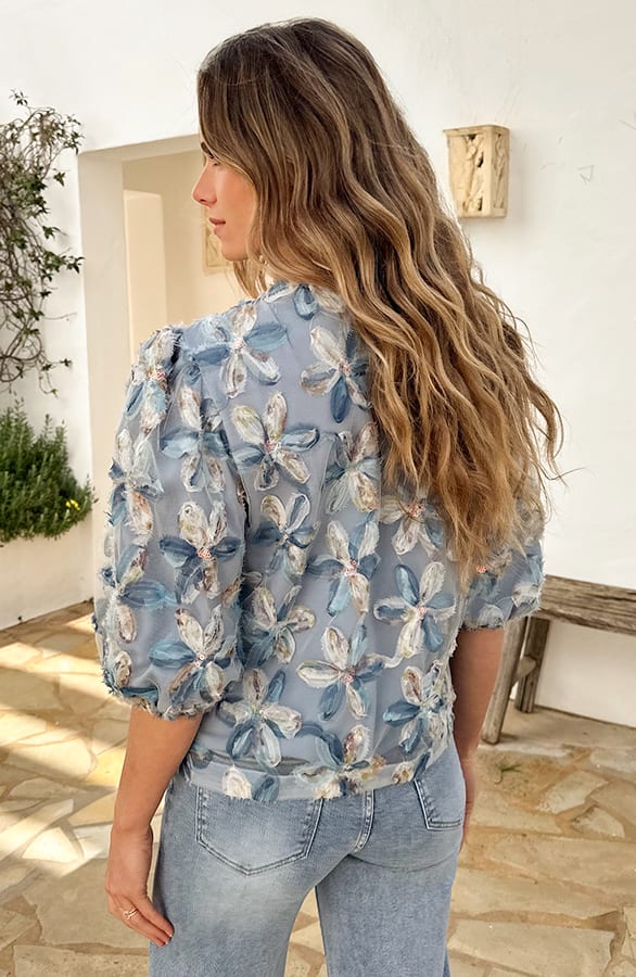 Floral Puffsleeve Mesh Top Blue – shirts & tops — foto 3