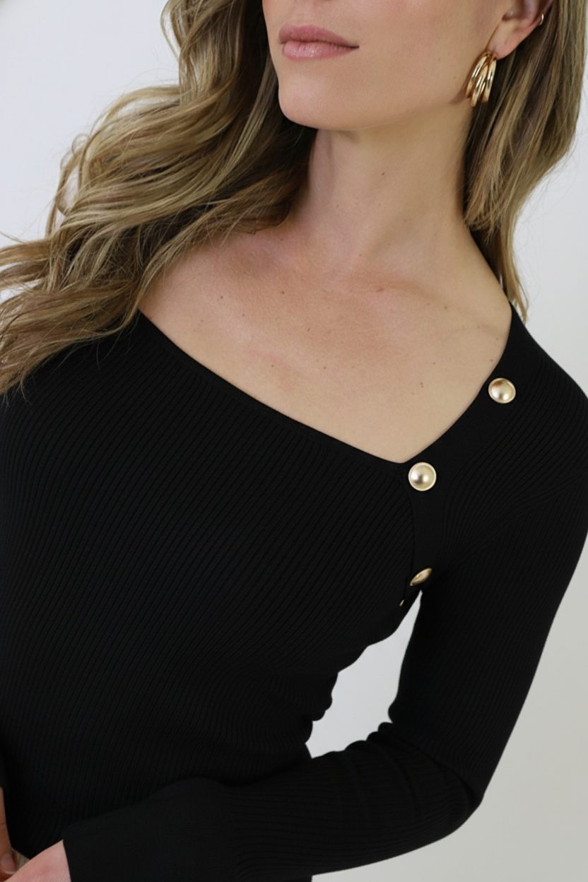 Gold Button Ribbed Knit Top Black – shirts & tops — foto 9