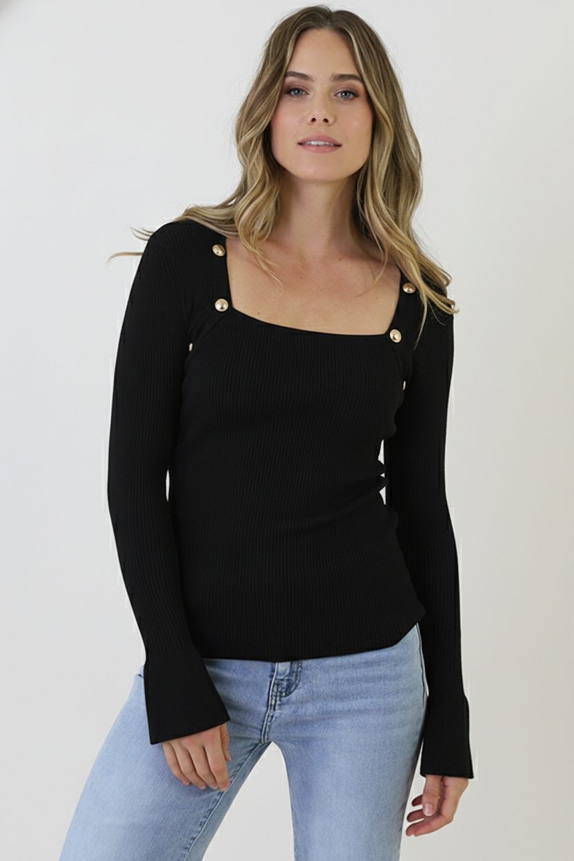 Gold Button Ribbed Knit Top Black – shirts & tops — foto 7