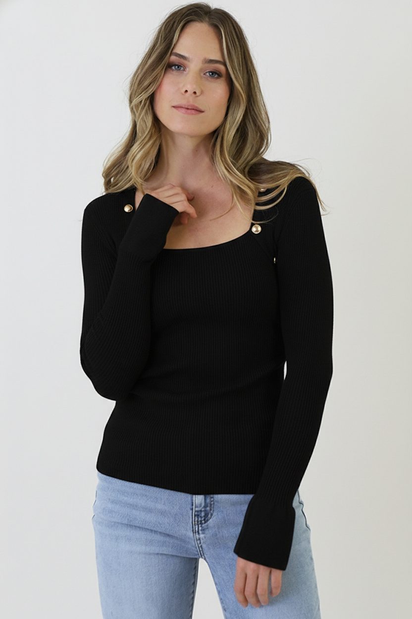 Gold Button Ribbed Knit Top Black – shirts & tops — foto 8