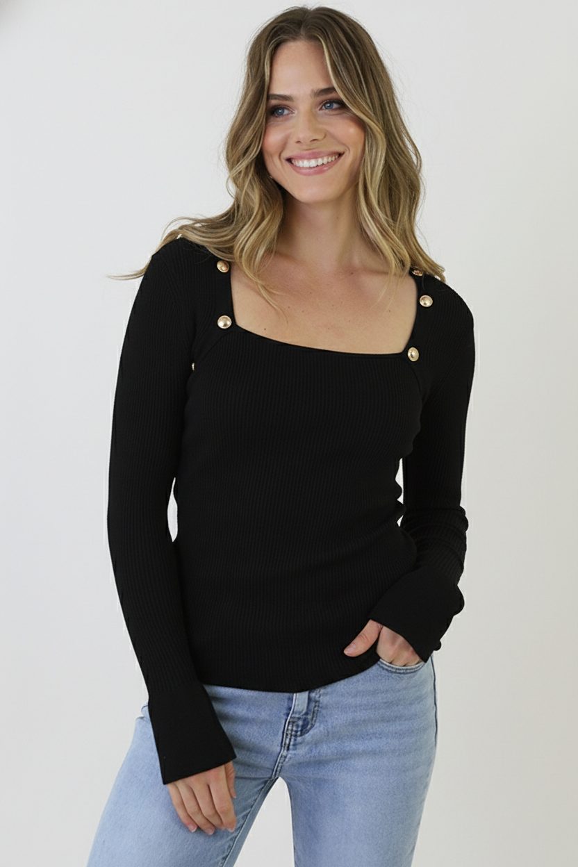 Gold Button Ribbed Knit Top Black – shirts & tops — foto 5