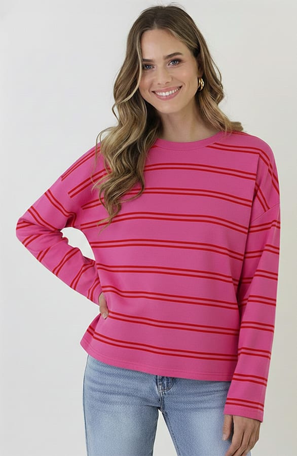 Oversized Gestreepte Katoenen Top Fuchsia Rood