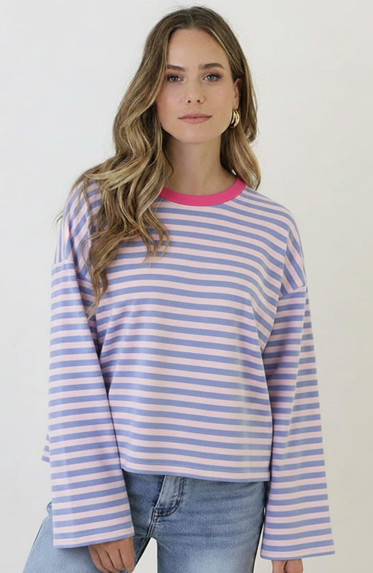 Oversized Gestreepte Katoenen Top Light Blue Pink – shirts & tops — foto 5