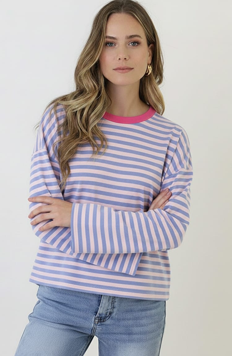 Oversized Gestreepte Katoenen Top Light Blue Pink – shirts & tops — foto 2