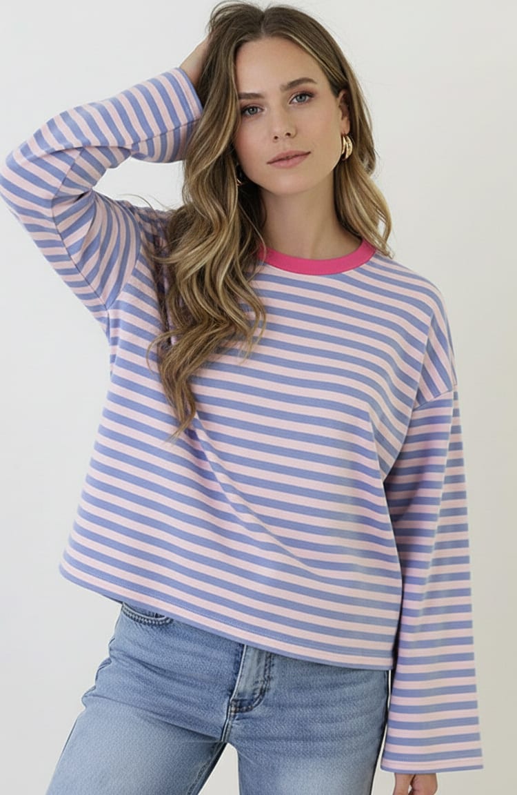 Oversized Gestreepte Katoenen Top Light Blue Pink – shirts & tops