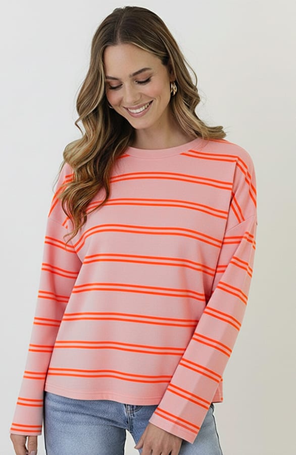 Oversized Gestreepte Katoenen Top Neon Oranje