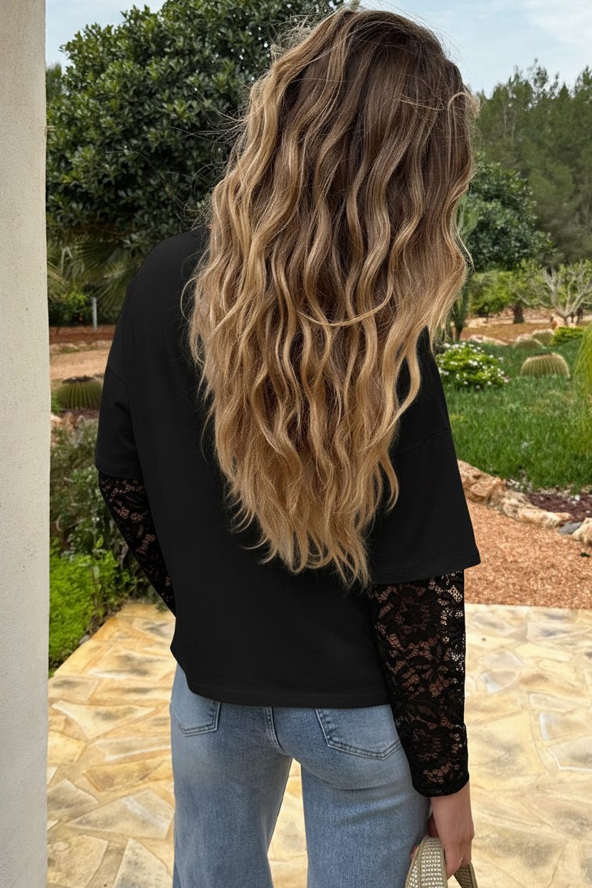 Oversized T-shirt Kanten Mouw Zwart – shirts & tops — foto 4