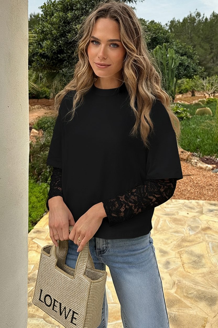 Oversized T-shirt Kanten Mouw Zwart – shirts & tops — foto 3