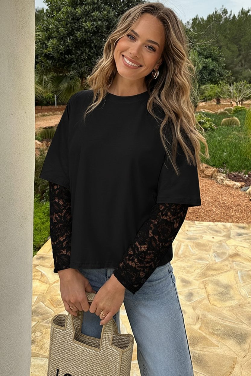 Oversized T-shirt Kanten Mouw Zwart – shirts & tops — foto 5