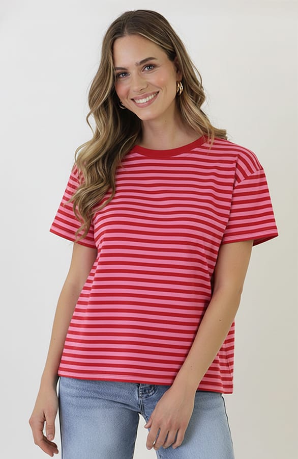 Striped T-Shirt Cotton Fuchsia Roze