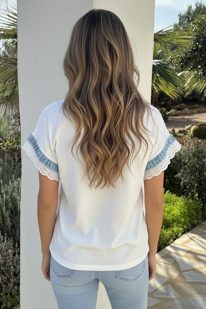 Broderie Jeans Sleeve Top Ecru – shirts & tops — foto 3