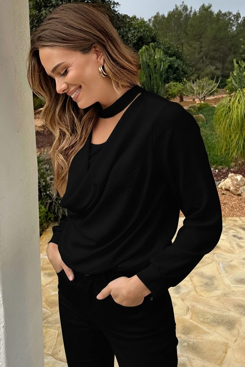 Draped Waterfall Blouse Zwart