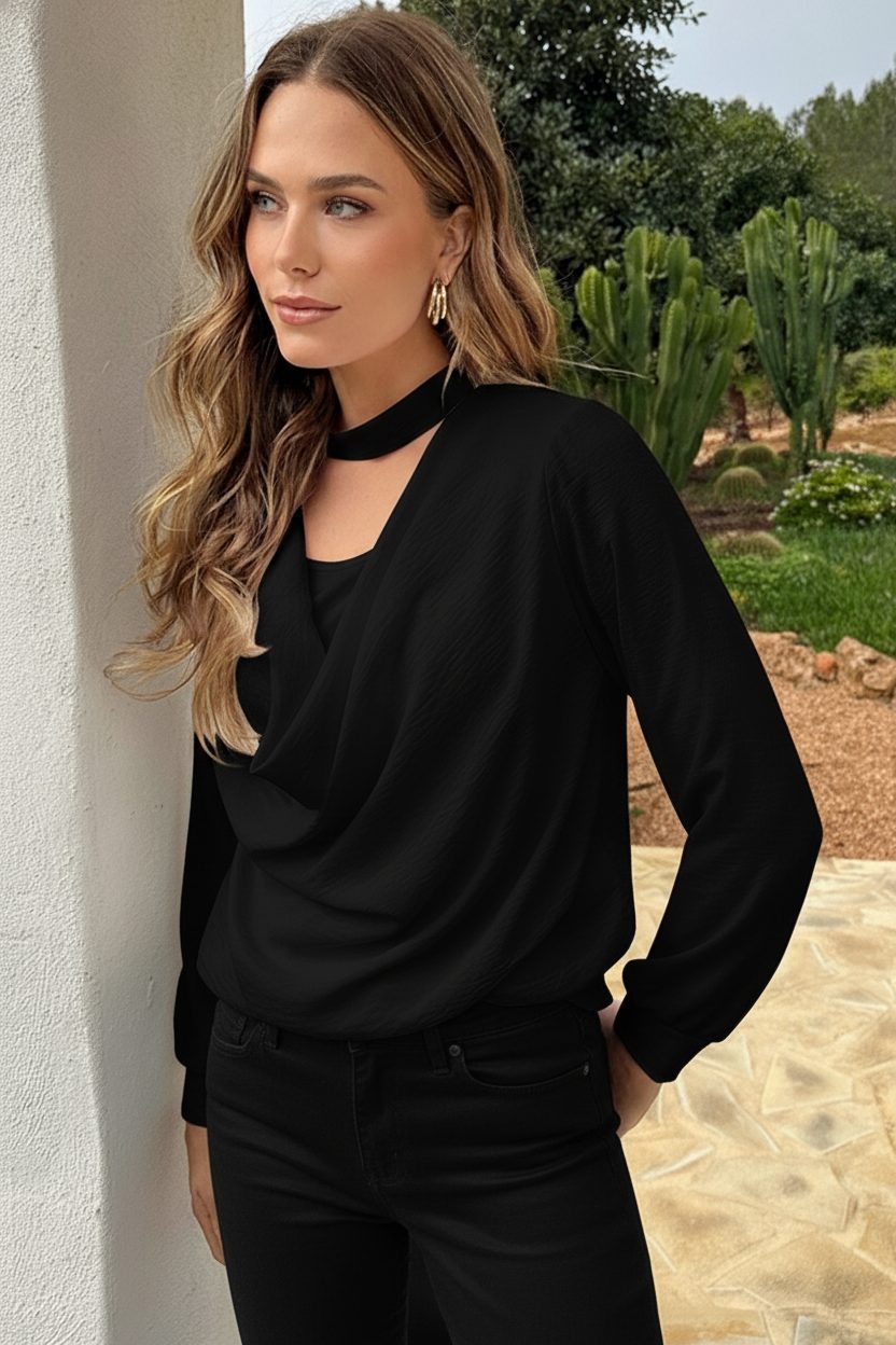 Draped Waterfall Blouse Zwart – shirts & tops — foto 4