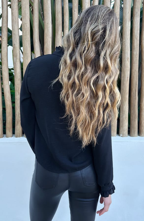 Elegant Ruffle Neck Blouse Zwart – kleding — foto 3