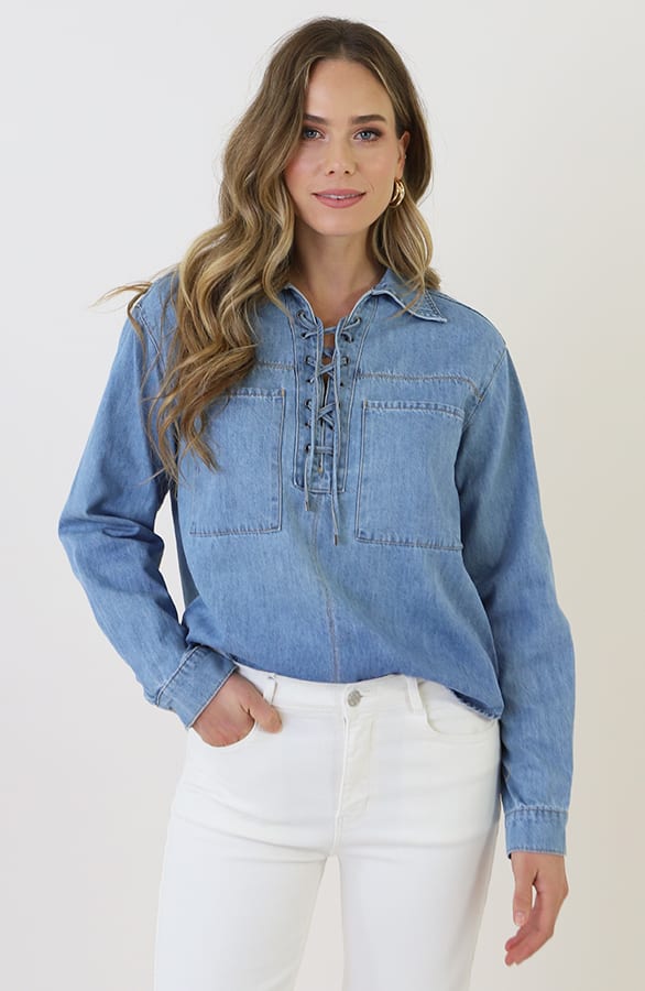 Katoenen Strik Blouse Jeans Blauw – kleding — foto 5