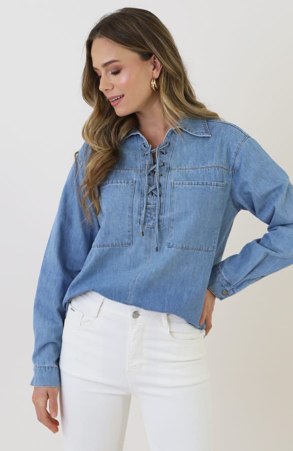 Katoenen Strik Blouse Jeans Blauw – kleding