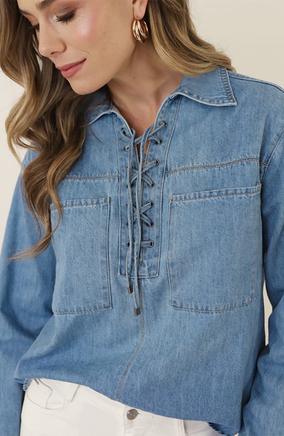 Katoenen Strik Blouse Jeans Blauw – kleding — foto 4