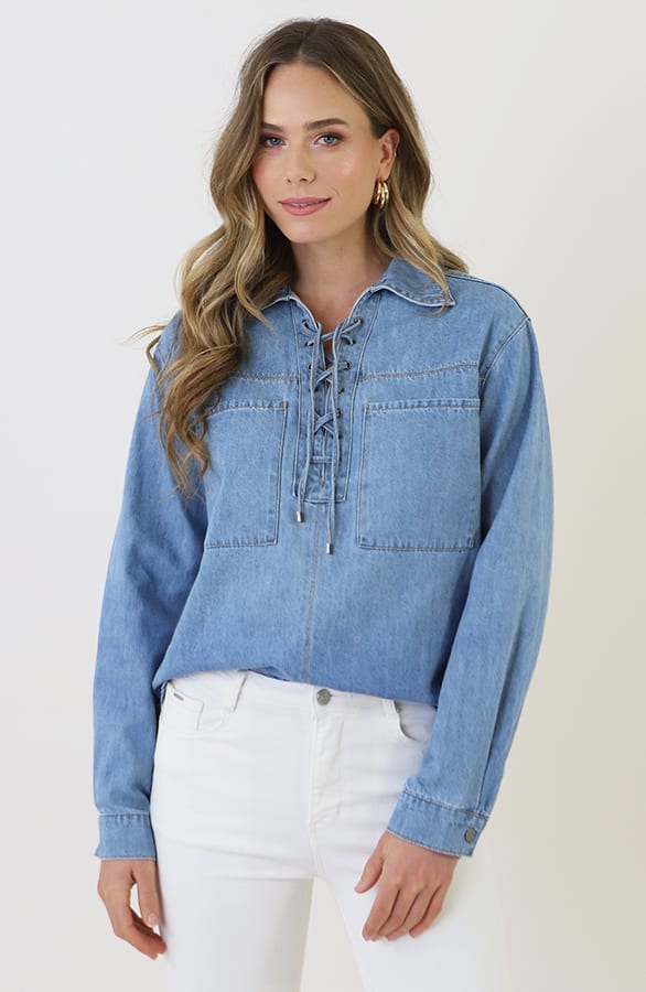 Katoenen Strik Blouse Jeans Blauw – kleding — foto 2