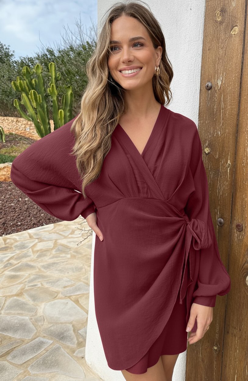 Knotted V-Neck Dress Burgundy – alle jurkjes — foto 8