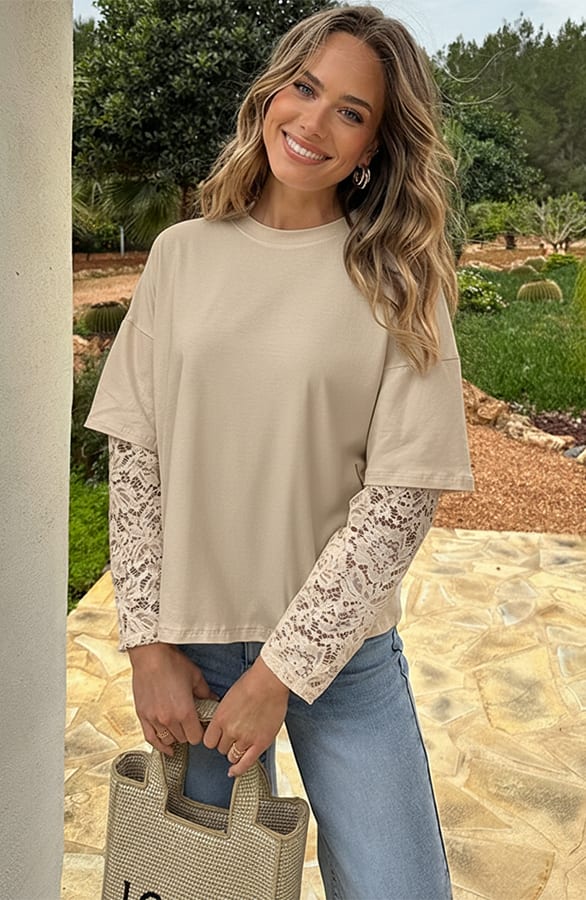 Oversized T-shirt Kanten Mouw Beige – shirts & tops — foto 4