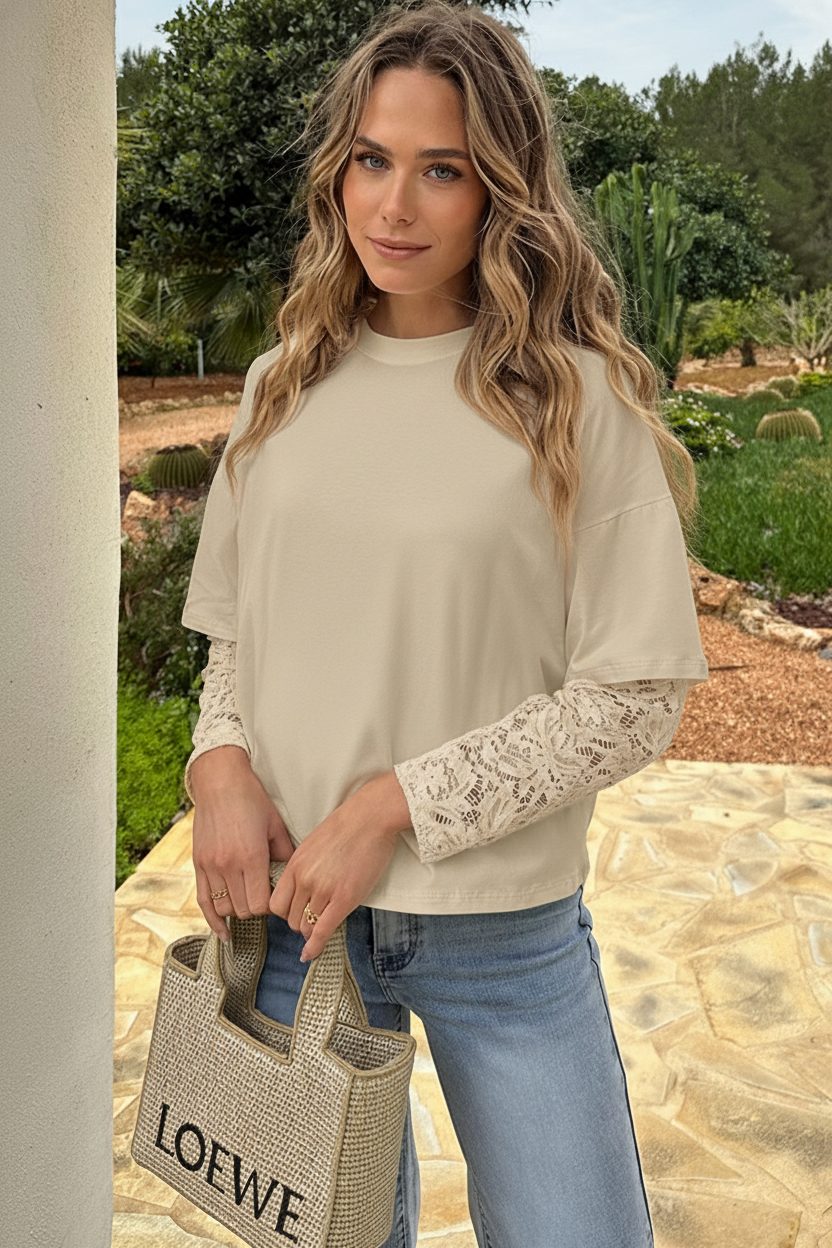 Oversized T-shirt Kanten Mouw Beige – shirts & tops — foto 5