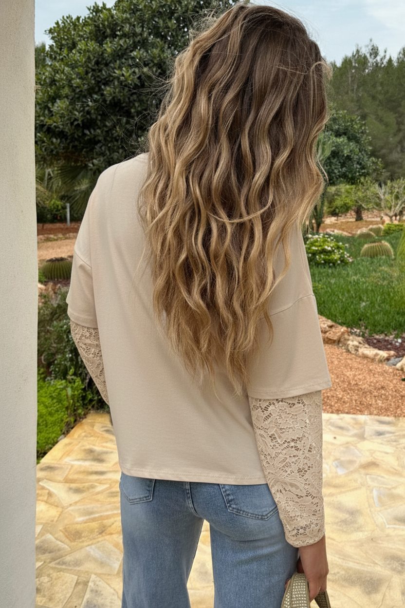 Oversized T-shirt Kanten Mouw Beige – shirts & tops — foto 3